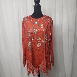 Chicyea Orange Southwestern Feather Fringed SharkBite Hem Tunic Top Size XL